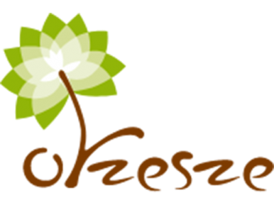 ilustracja przedstawia logo miasta Orzesze brązowe na białym tle. W napis jest wkompowana grafika drzewa