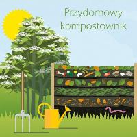 Ilustracja przedstawia drewniany brązowy kompostownik usytuowany pod drzewem liściastym, na tle zielonego trawnika oraz błękitengo nieba, opatrzona jest napisem przydomowy kompostownik