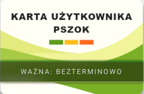 grafika karty z napisem karta użytkownika PSZOK ważna bezterminowo. Białe tło z zielonymi nieregularnymi kształtami i prostokąty zielony, żółty i czerwony symbolizujące ecoharmonogram